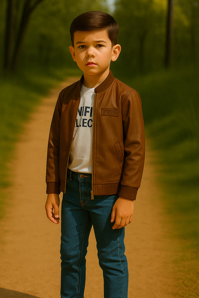 BARKOD KİDS BARKOD KİDS935-11-25 سترة للأولاد D مظهر جلدي – تي شيرت أبيض وبنط...