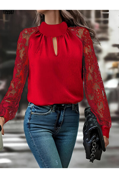 Modayakamoz Γυναικεία μακρυμάνικη μπλούζα με λεπτομέρεια γιακά με ψηλό μανίκι αμμώδη μπλούζα