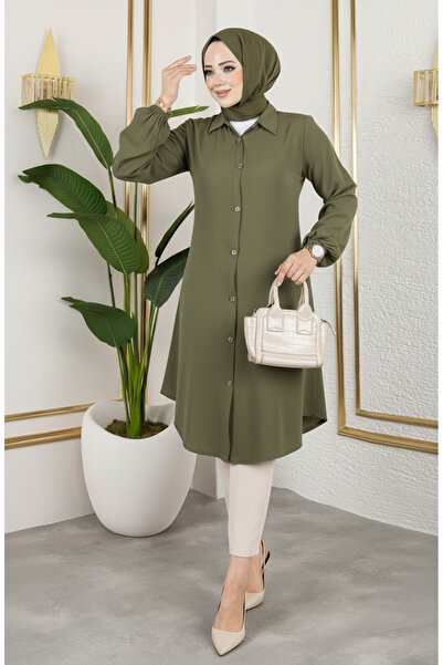 sefamerve Elastic sleeve viscose tunic 0171-10 khaki