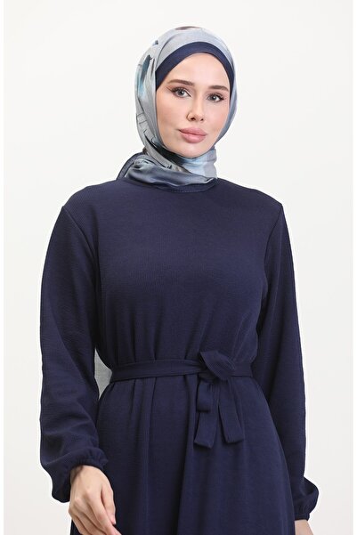 sefamerve Burgu Fabric Corded Fabric Ruffle Dress 2169-03 Navy Blue