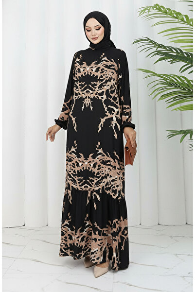 sefamerve Viscose Fabric Patterned Dress 2040-05 Black Mink