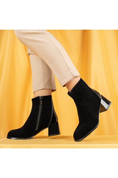 Modlet.ro Women's black suede thick-heel ankle boots MOD07139