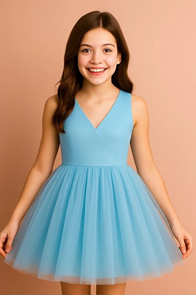 MadyaButik Girl's Wrap Collar Mini Plain Skirt Puffy Dress