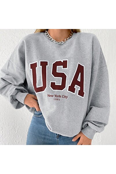 Miyalon Γυναικείο φούτερ με λαιμόκοψη oversized USA με τύπωμα