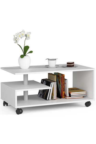SERSIMO Masă de cafea Vini pe roți, cu raft inferior și blat din PAL laminat, 90x51x40 cm, albă