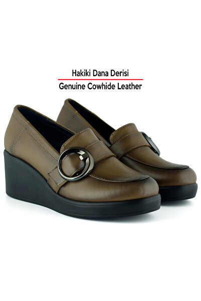 Erkan Saçmacı Madeline Walnut Genuine Cowhide Leather Buckle Round Toe Wedge Heel Casual Shoes
