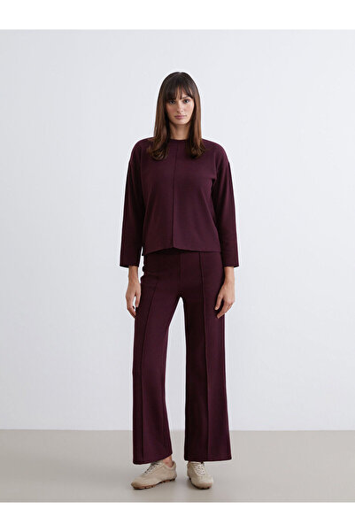 TexX Store Kalitesi LCW Vision Bordo Triko Düz Standart & Regular Geniş Paça Kadın Pantolon