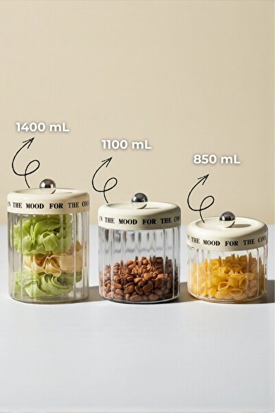Sevinse Home Mood Cream Striped Vacuum Lid Motto Glass Jar Set, Spice Jar, Sugar Bowl (1400-1100-850 ml)