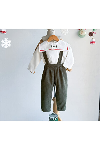 Sis and Bro HAKİ FİTİLLİ KADİFE PANTOLON SALOPET - ÇAM AĞACI NAKIŞLI GÖMLEK