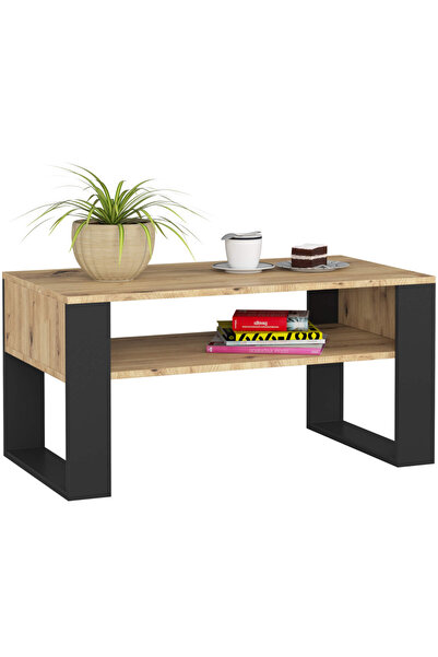 SERSIMO Masă de cafea Domi cu raft inferior, blat laminat, 92x50x45 cm, stejar artizanal și negru