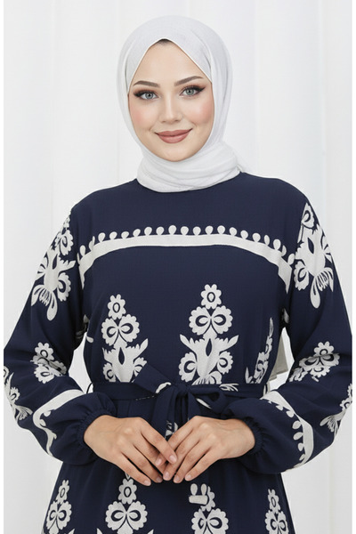 sefamerve Viscose Fabric Patterned Belted Dress 2039-04 Navy Blue White