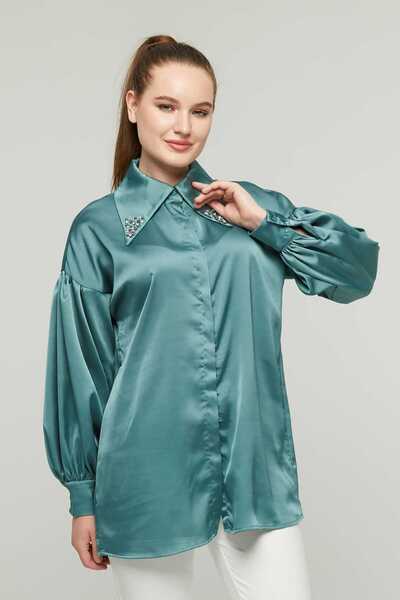 Milamia Women's Satin Shirt with Stone Collar