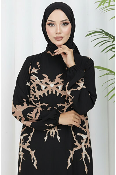 sefamerve Viscose Fabric Patterned Dress 2040-05 Black Mink