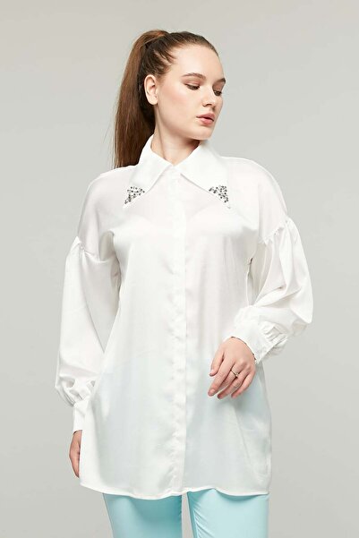 Milamia Kadın Yakası Taşlı Saten Gömlek