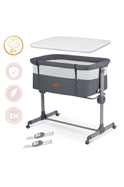 NUKIDO Grey co-sleeper crib with sliding side, wheels with brakes, adjustable height, breathable materials
