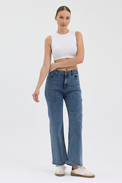 hateko Women's Hakan Jeans Flexible Wide Leg Stone Blue High Waist Denim Trousers