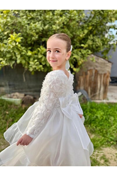 lunavella Girl's White Evening Dress – Long Sleeves – Short Front Long Back – Special Occasion Dress with 3D Flowers