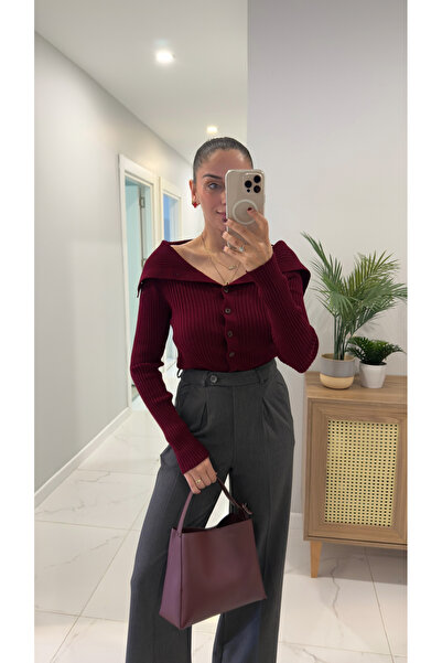 BİRCANÇİL Utera Burgundy Buttoned Collar Detailed Cardigan