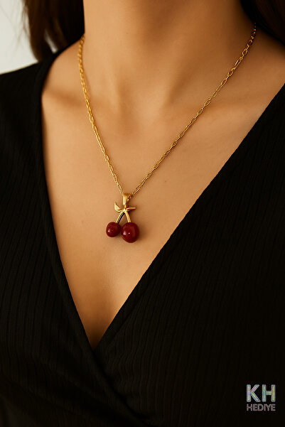 Bymiel Gold Zincirli Kırmızı Kiraz Charm Detaylı Zarif Kadın Kolye