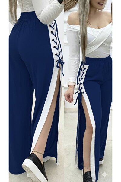 Kanonik Education Women's High Waist Side Cross Lace-Up Slit Viscose Two Thread Pants