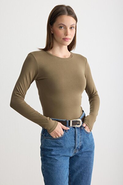 ipekton studio Long Sleeve Crew Neck Combed Cotton Bodysuit Khaki