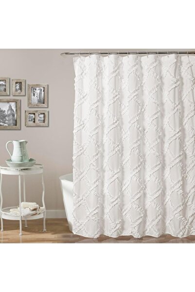 Lush Decor ستارة حمام بيضاء مكشكشة بتصميم ماسي، 72 × 72 بوصة، بوليستر، هندسي