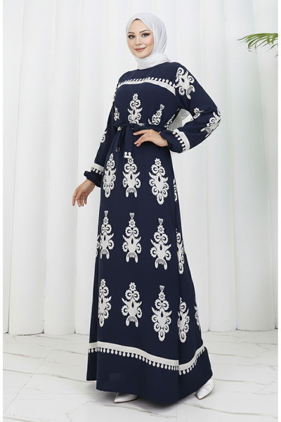 sefamerve Viscose Fabric Patterned Belted Dress 2039-04 Navy Blue White