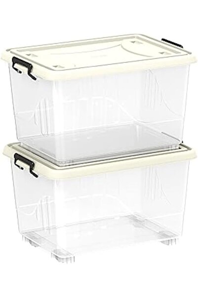 Cosmoplast Transparent Plastic Storage Box 55L with Wheels and Lockable Lid - Cosmoplast, Set of 2