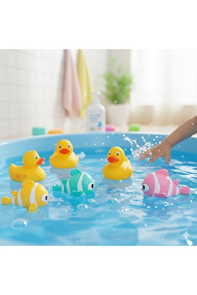 HerşeyVarBurda 4'lü Banyo Seti: 3'lü Sesli Sarı Ördek + Kurmalı Yüzen Balık Oyuncak Seti (Eğitici) Motor Becerileri