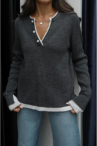 My Blog Anthracite-Cream Patchwork Two-Tone Sweater - 251074