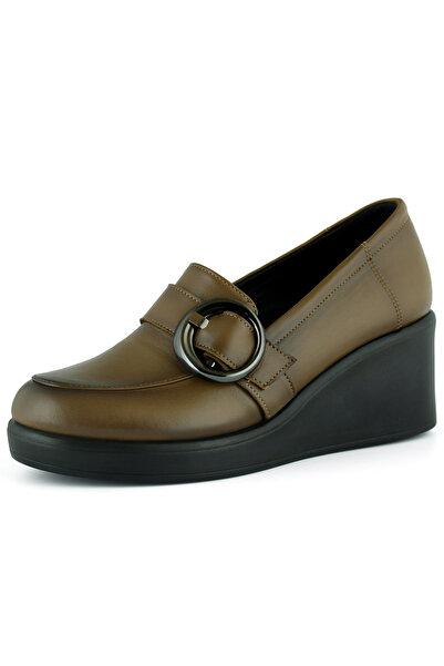 Erkan Saçmacı Madeline Walnut Genuine Cowhide Leather Buckle Round Toe Wedge Heel Casual Shoes