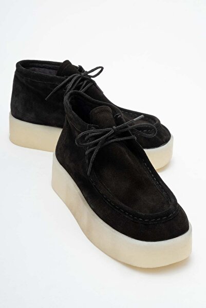 Lizy Shoes Botine de damă din piele intoarsă autentică, neagră, cu talpă groasă