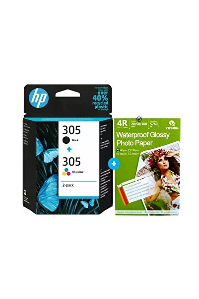 HP Set of 2 Original HP305 Ink Cartridges, 1x3YM61AE Black, 1x3YM60AE Color, 180g photo paper, 50 sheets