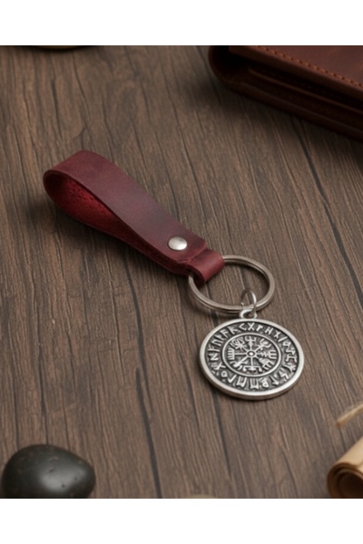 E&F Takı Compass Design Keychain Burgundy Genuine Leather Keychain