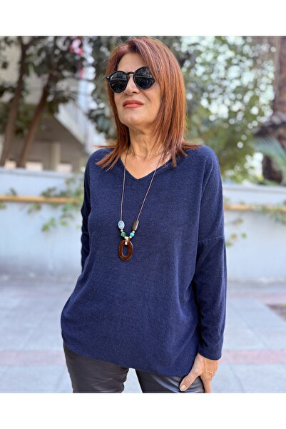 DenizEge Angora Yumoş Necklace Sweater Navy Blue