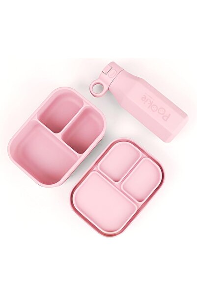 Riizzlr Pookie Silicone Bento Lunch Box for Kids & Toddlers - 3-Compartment with Water Bottle (Rose Quartz)