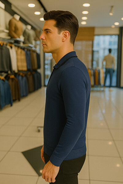 Maccali Men's Trend Zippered Long Sleeve Blue Polo Neck Sweater