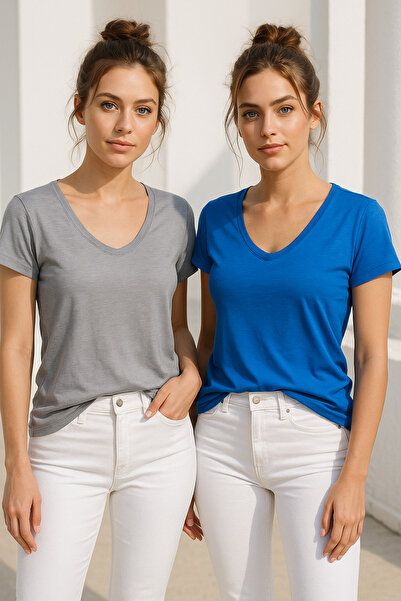 Rich Women's Cobalt Blue-Grey 2-Pack Short-Sleeve 100% Organic Cotton V-Neck T-Shirt