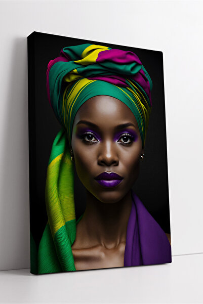KOSS Dijital Portret de femeie africană cu o eșarfă verde violetă, artă modernă etnică, pictură decorativă pe pânză