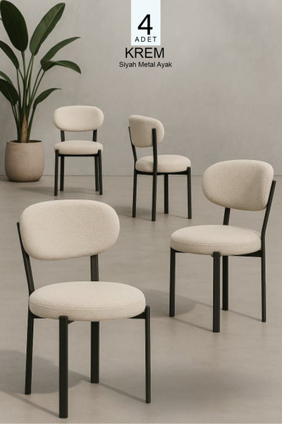 Renlife Vivo Serisi 4 Adet Metal Ayaklı Tedy Kumaş Sandalye (4ADET KREM)