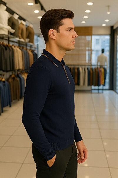 Maccali Чоловічий трендовий светр з довгими рукавами, застібкою-блискавкою та синім коміром-поло