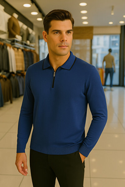 Maccali Men's Trend Zippered Long Sleeve Blue Polo Neck Sweater