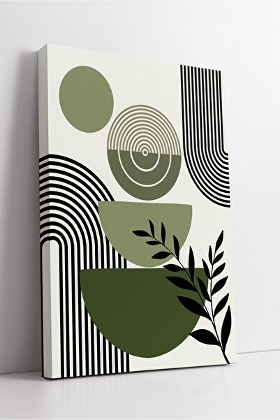 KOSS Dijital Pictură pe pânză în stil abstract modern, minimalist, cu semicerc geometric verde măsline și detalii de frunze
