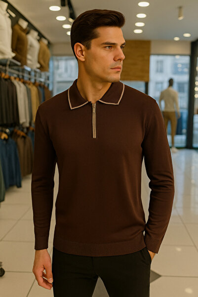 Maccali Ανδρικό πουλόβερ με μακρυμάνικο καφέ γιακά πόλο με φερμουάρ