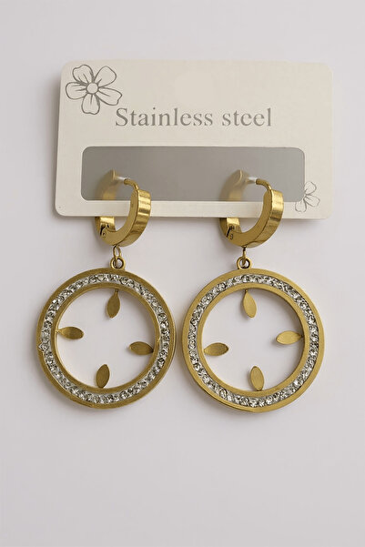 TAKIŞTIR Gold Color Stone Detailed Quarter-Hoop Steel Earrings (Pair)