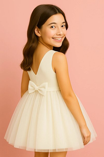 MadyaButik Girl's Wrap Collar Mini Plain Skirt Puffy Dress