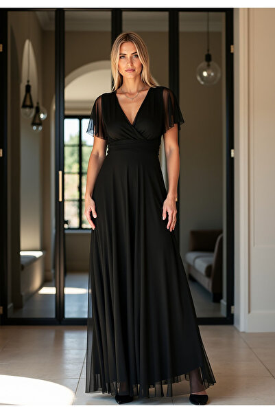 Figl Rochie maxi din plasă – Rochie tip fluture – rochie neagră M1103 mărimea...