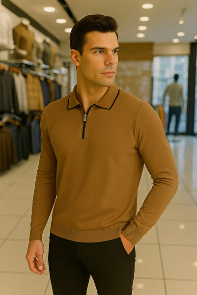 Maccali Ανδρικό πουλόβερ με μακρυμάνικο φερμουάρ και γιακά πόλο σε χρώμα καμήλα