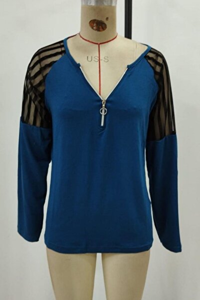 Mossta Long Sleeve Zippered Viscose Blouse - Petrol Green