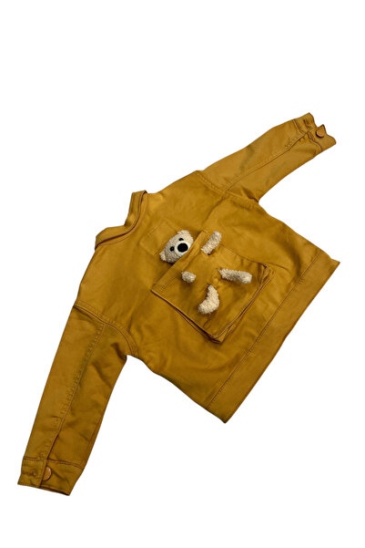 İrem Çocuk Giyim سترة للفتيات/الأولاد بلون الخردل مع تفاصيل دب على الظهر وأزر...